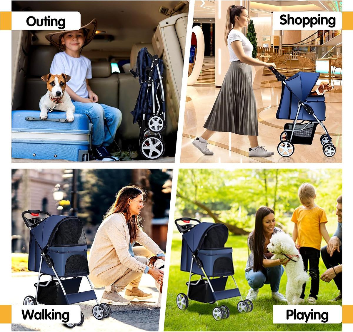 Foldable Pet Stroller 4 Wheels for Small Medium Dogs Cats,Blue