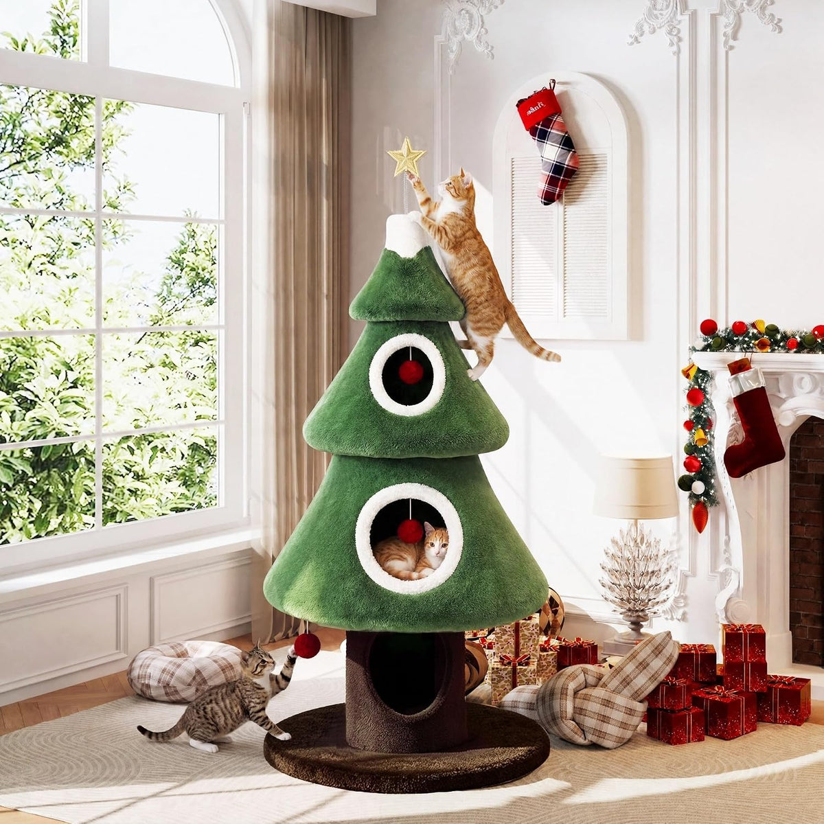 SHA CERLIN 56" Christmas Cat Tree Tower, Multi-Level Condo for Indoor Cats