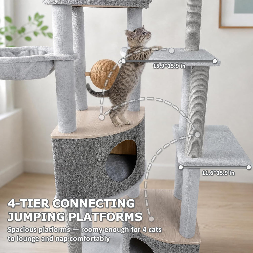 68.5" Modern Eco-Friendly Wood Cat Tree, Multi-Level Cat Tower