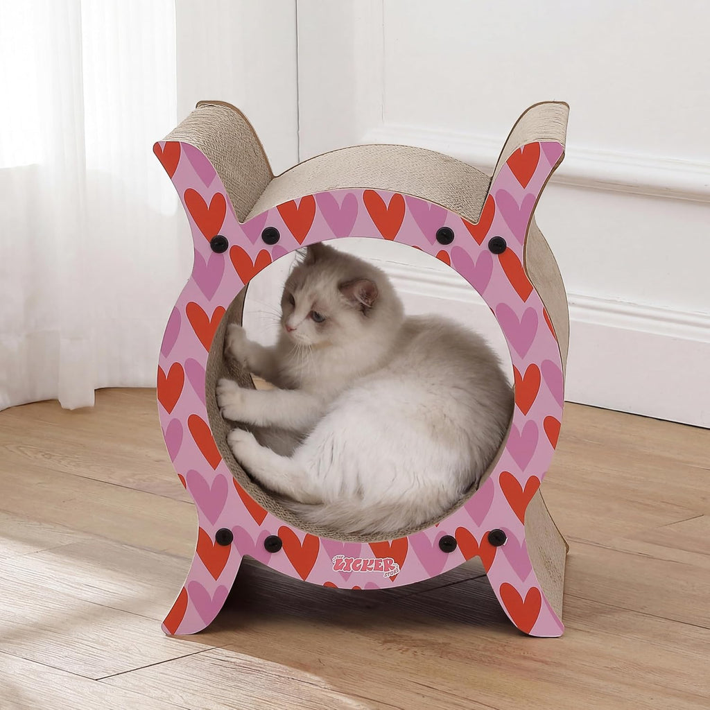 16.5" Nyan Modern Heart Pattern Cardboard Tunnel Cat Scratcher with Catnip, Durable Corrugated Indoor Hideaway Den and House to Protect Furniture, Sanctuary, Pink/Red CSR1007C