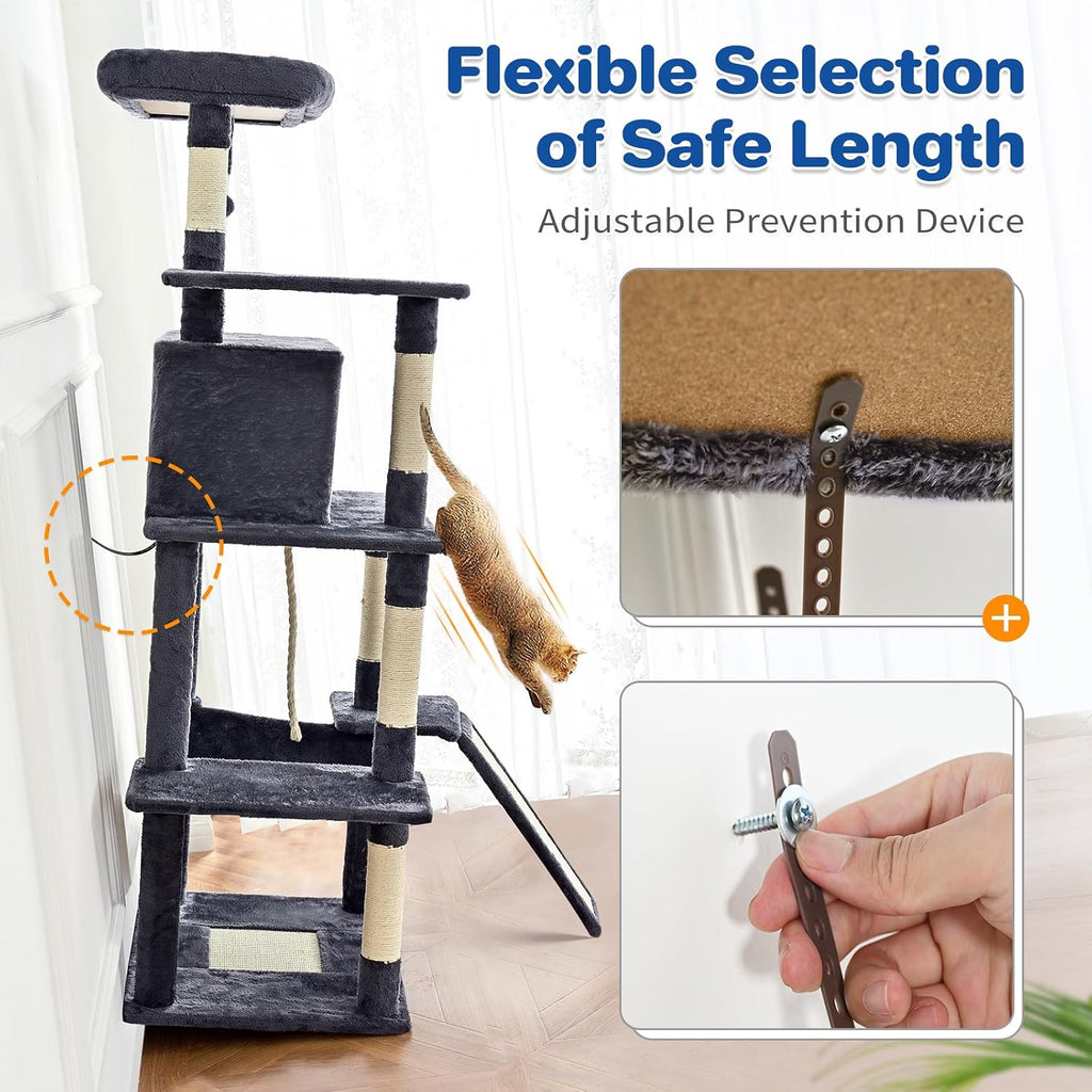 ABCPET 63" Multi-Level Cat Tree Tower for Indoor Cats, Light Grey