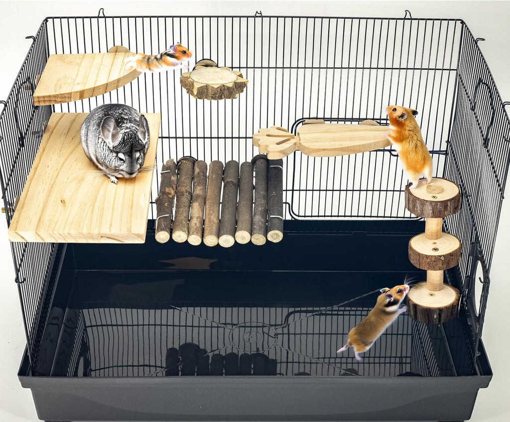 Space Expanding Natural Wood Hamster Platform Set, DIY Small Animal Playground Accessories for Hamster Cage, Climbing & Resting Toys with Adjustable Screws for Hamsters, Chinchillas, Gerbils