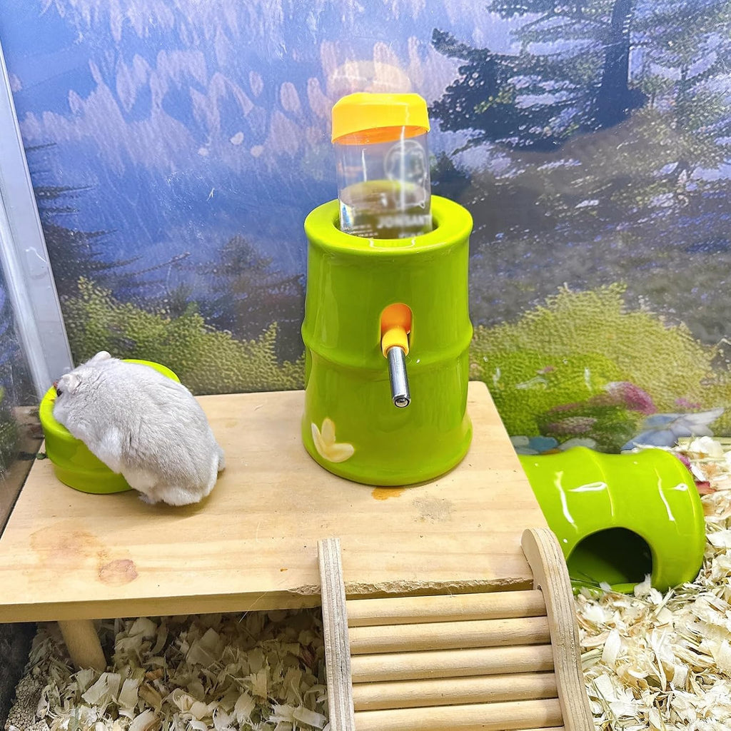Hamiledyi Ceramic Hamster Hideout Food Bowl Water Bottle Stand Holder Syrian House and Habitats Hide Hut Decor for Mice Dwarf Hamster Gerbil