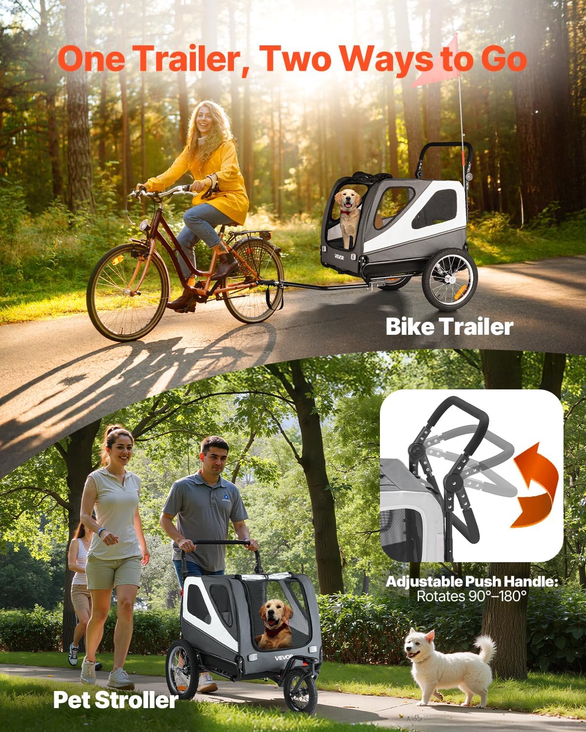 VEVOR Dog Bike Trailer, 2-in-1 Bicycle Carrier Supports up to 66/88/100 lbs