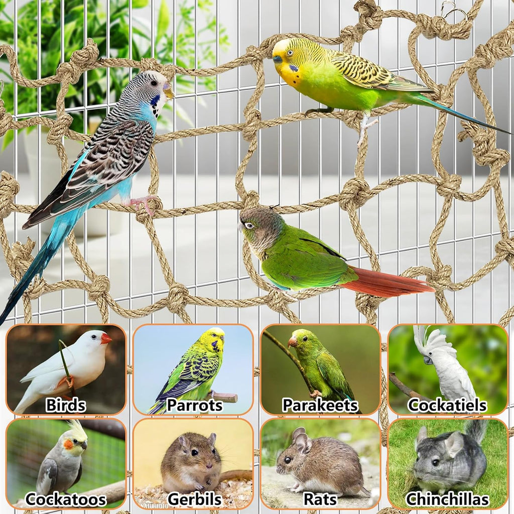 Tfwadmx Natural Bird Rope Net, Large Size - 24''X24'' Parrot Swing Hammock, Bird Climbing Ladder Hanging Cage Perch Chew Toys for Budgies Macaw Conure Finch Cockatoo Budgie African Grey Parakeet