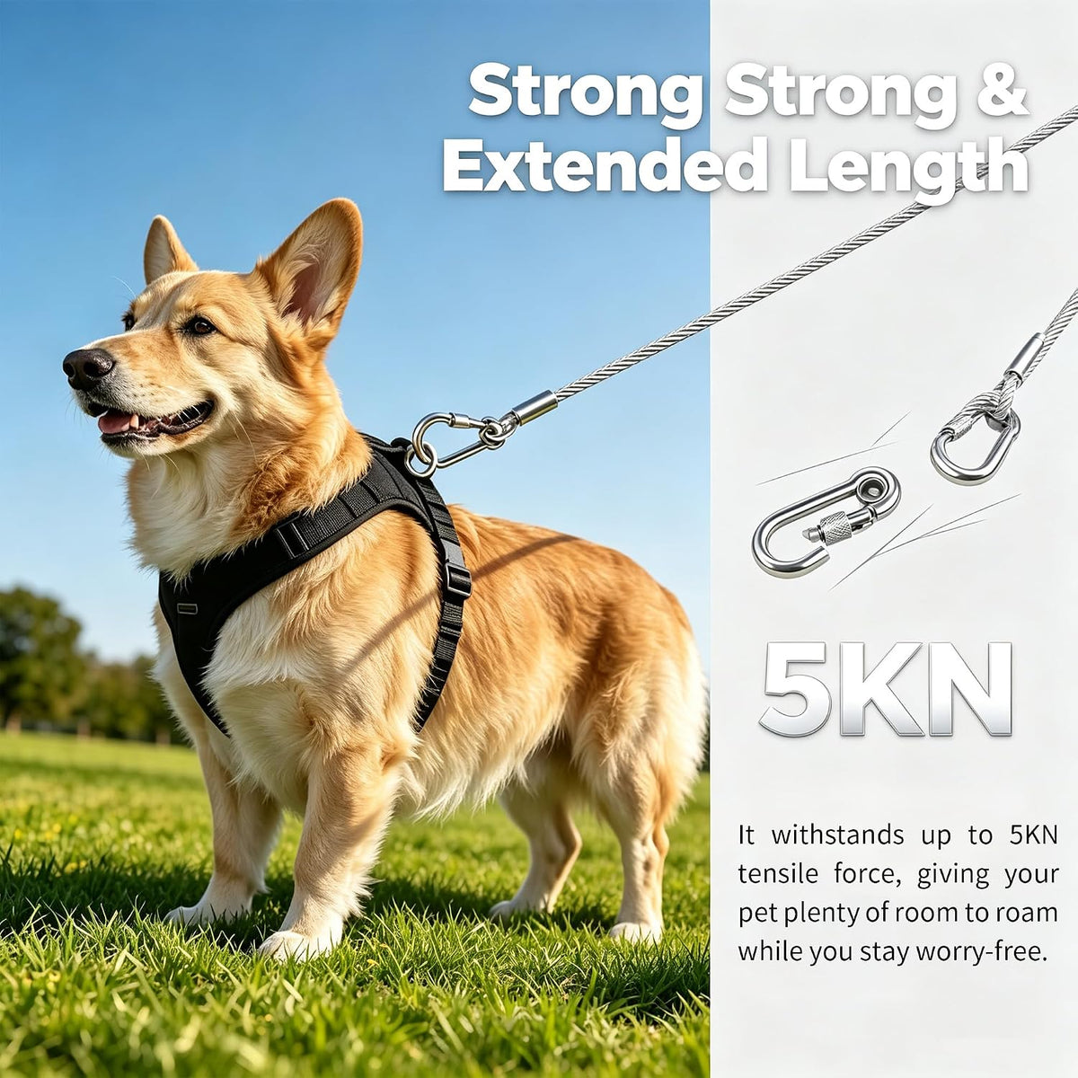 Steel Reflective Tie Out Cable, Wire Clothesline & Dog Leash(16.4FT)