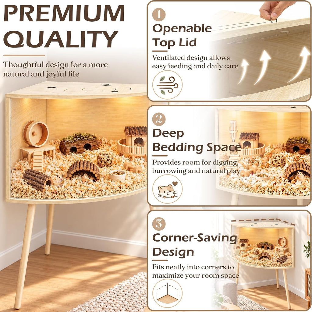 PROLEE Corner Hamster Cage with Leg,Large Hamster Encloure Chew Proof Wood,Clear View Hamster Habitat for Guinea Pig, Ferret, Rat, Hedgehog,Oak