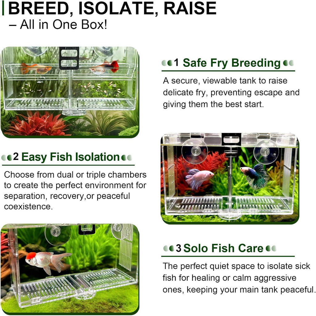 Triple-Chamber Fish Breeder Box for Fish Tank, Guppy Fry Nursery