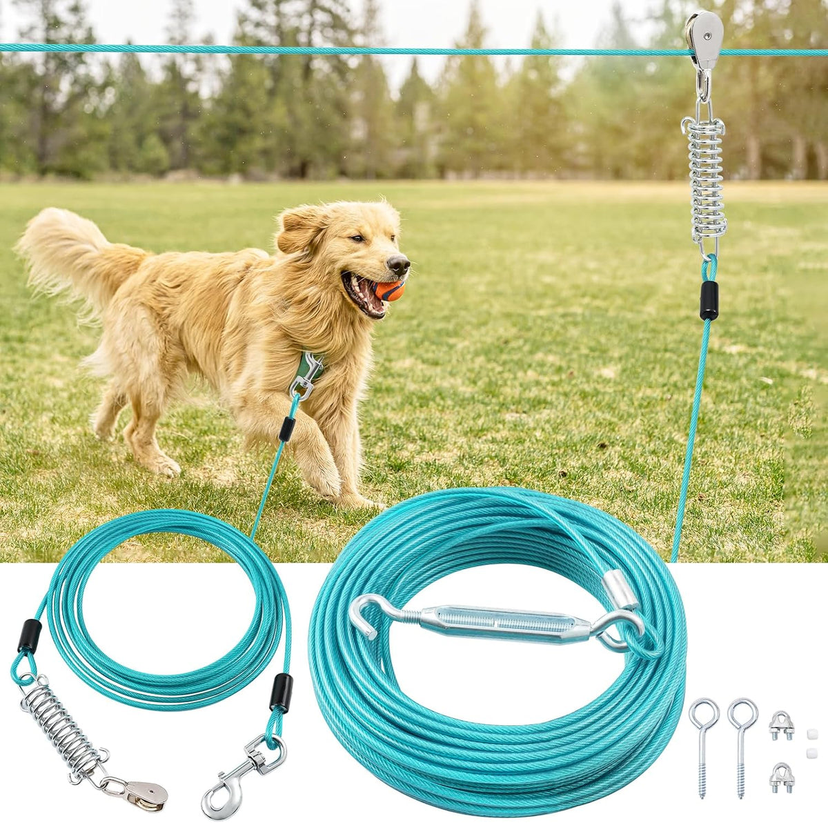 Dog Runner for Yard, Outdoor Dog Run, 50FT+10FT, Blue