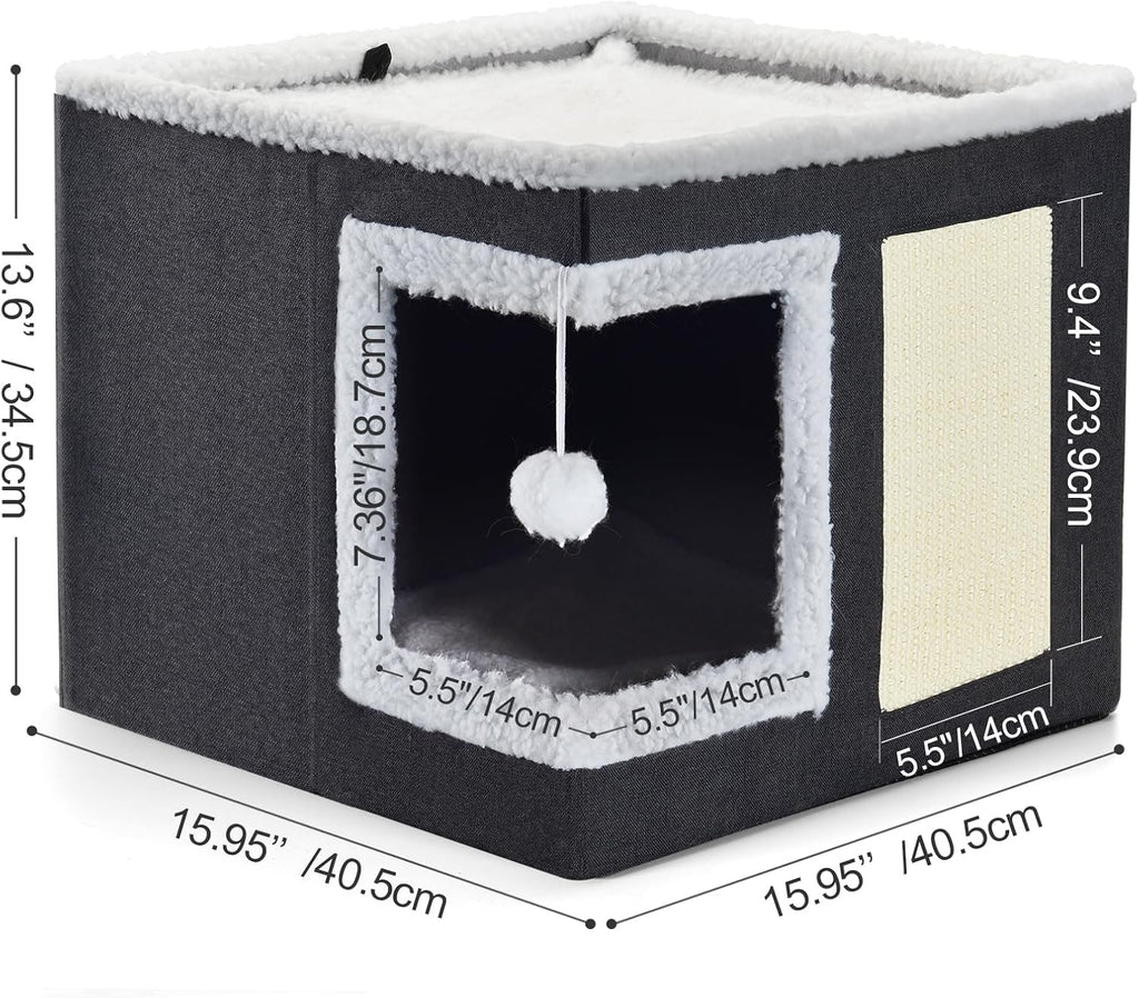 petizer Cat Bed for Indoor Cats, Large Covered Cat House with Scratch Pad, Foldable Cat Cave Bed & Hideaway Cube with Reversible Cushions, Cute Cat Condo for Multi Small Pet Kitten (Dark Grey)
