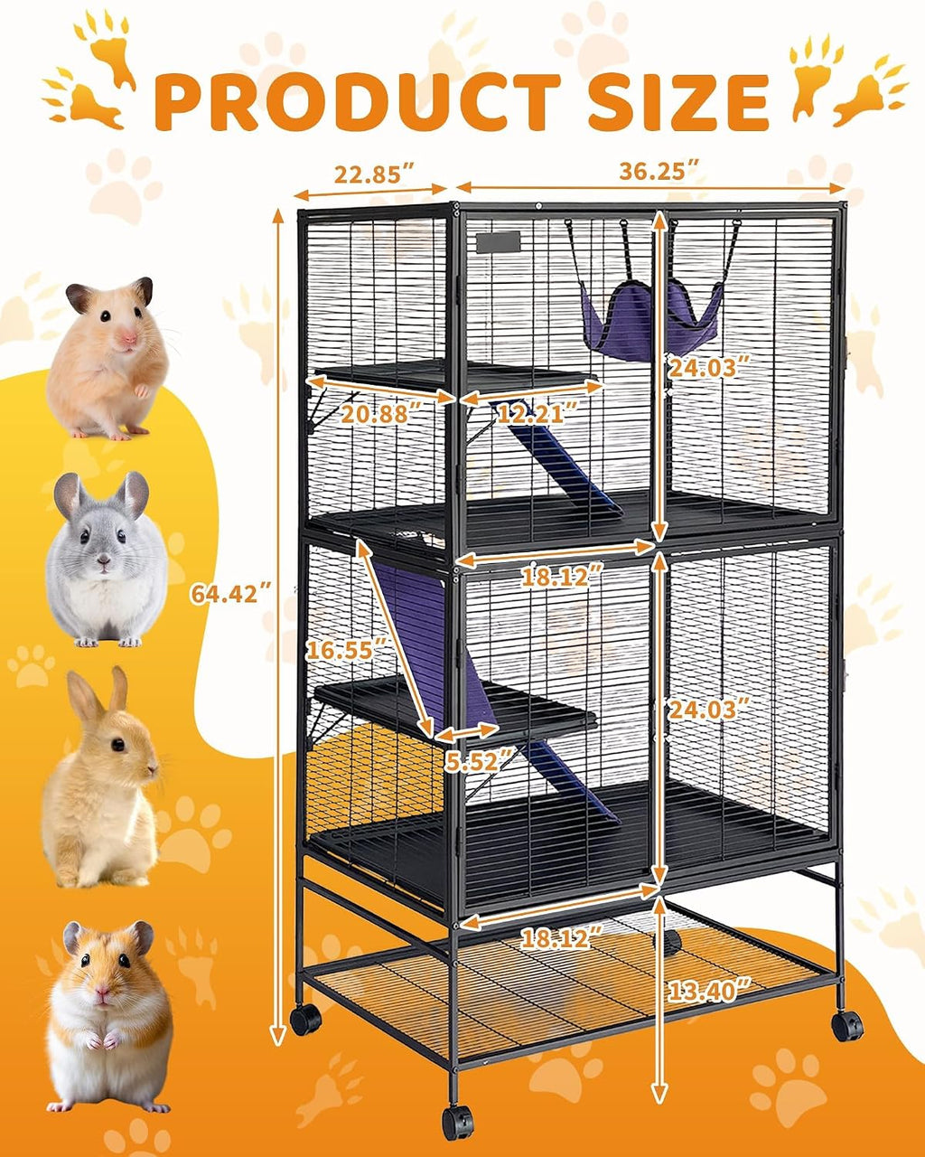 64''h 4-Tier Large Metal Rolling Ferrets Cage for Small Animals