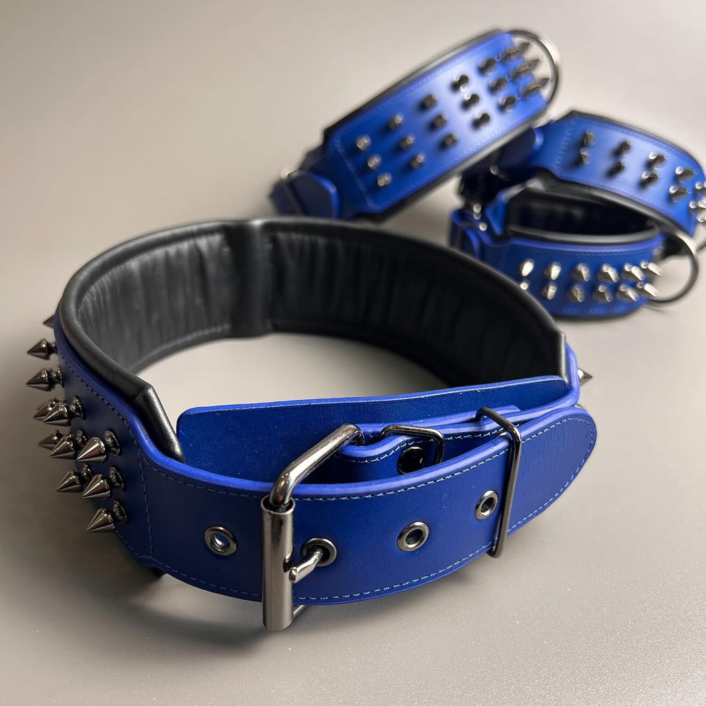 Leather Spike Dog Collar Double-Layer Soft Cowhide,Medium and Large Dogs (Blue,L-Neck 39-47cm)