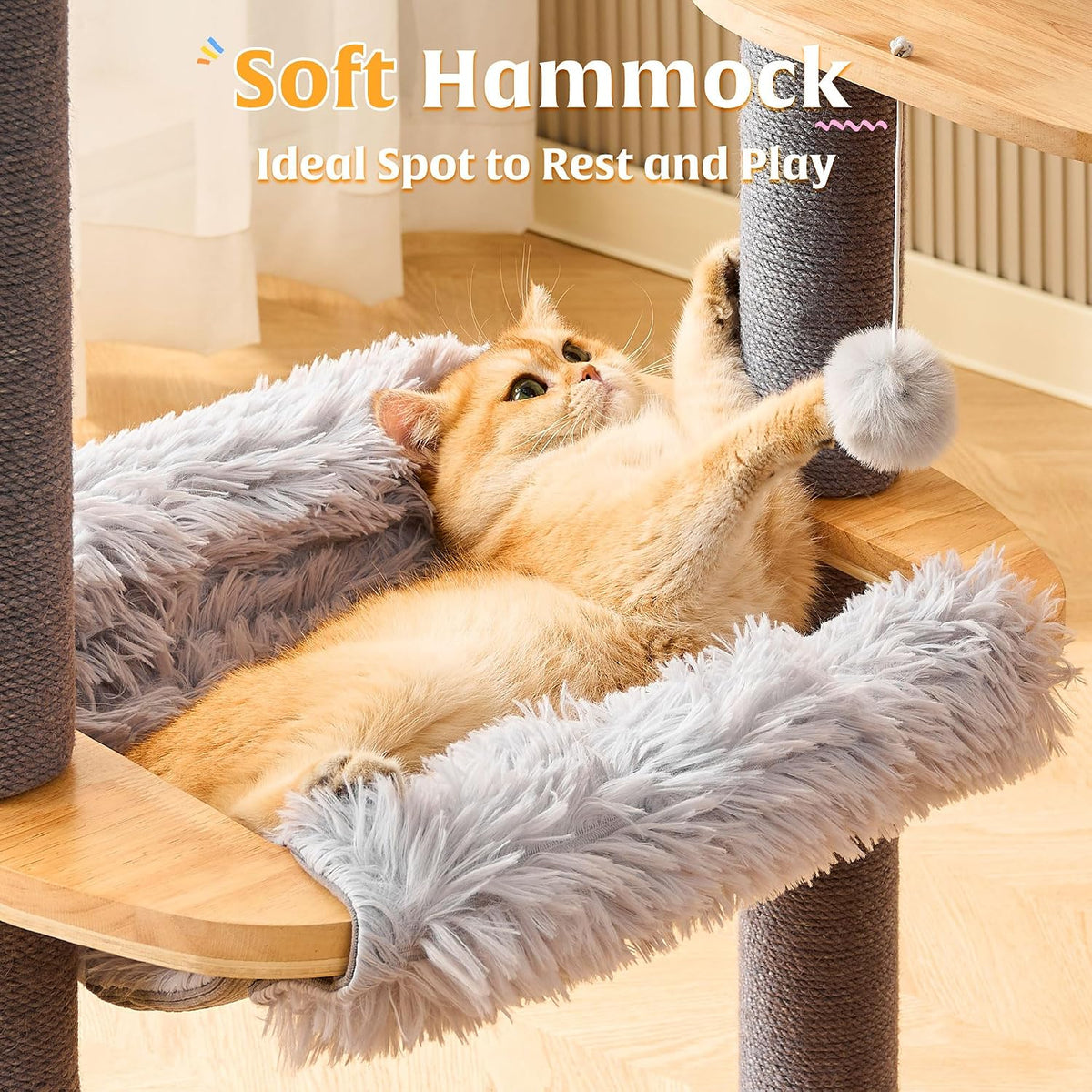 Solid Wood Cat Tree Tower with Scratching Post, 52 Inches Tall Cat Towers with Scratching Board and Scratcher Ball, Modern Cat Tower with Space Capsule and Removable Top Bed for Indoor Cats