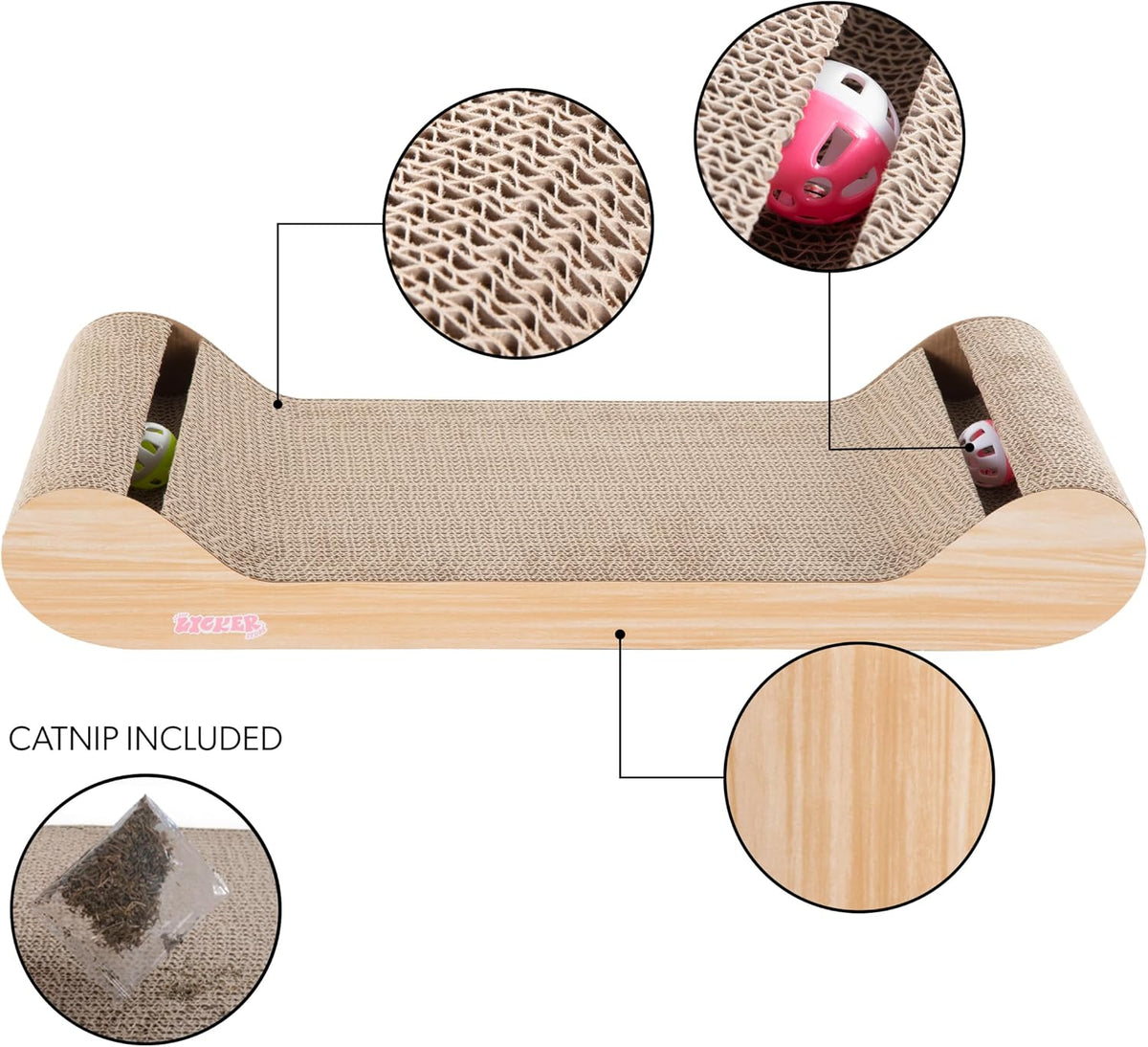 Rini 23.75" Modern Corrugated Cardboard Lounge Bed with Built-in Bell Toys and Catnip, Ergonomic Curved Sofa Scratcher for Indoor Cats, Oak Wood Finish CSR1003C