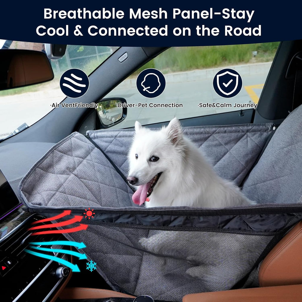 Front Seat Dog Car Seat for Small/Medium Dogs with Door Protection – Full Coverage Waterproof Pet Booster Seat with Mesh Window, Zippered Side Flaps, Safety Buckle, Grey Linen Fabric