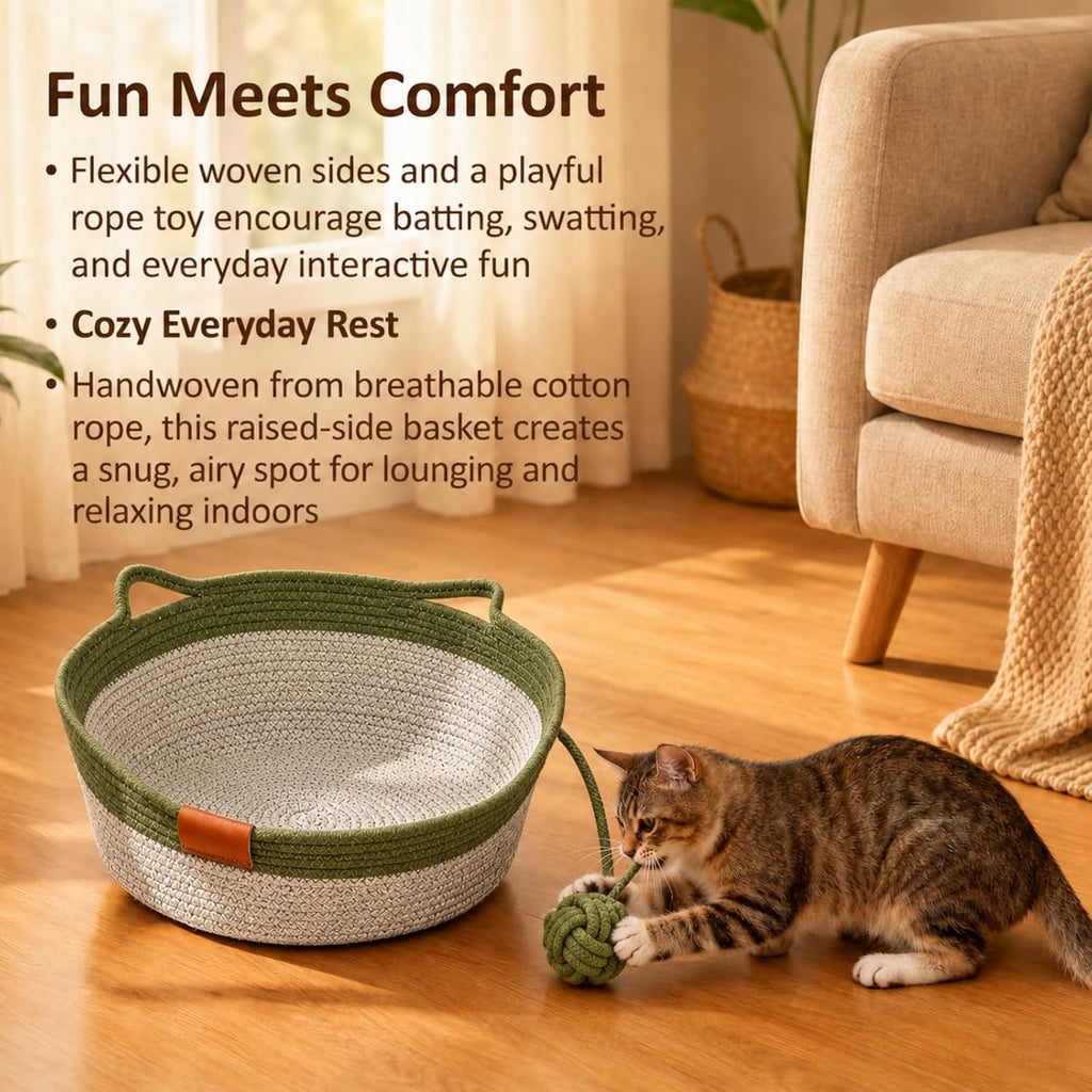 Handwoven Cotton Rope Cat Basket, Scratch-Friendly Cat Bed for Indoor Cats