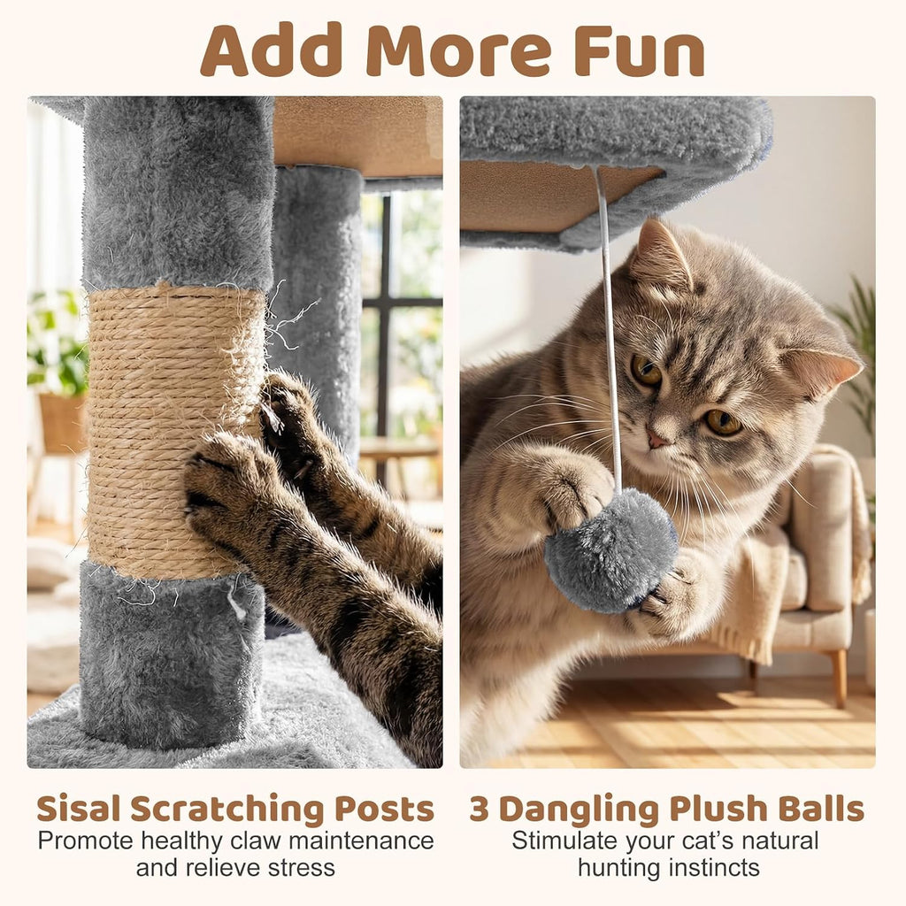 DORTALA Cat Tree for Indoor Cats, 66" Tall Cat Tower with 2 Condos, Sisal Scratching Posts, Plush Perch, Hammock, Dangling Balls, Multi-Level Pet Climbing Furniture Activity Center (Light Gray)