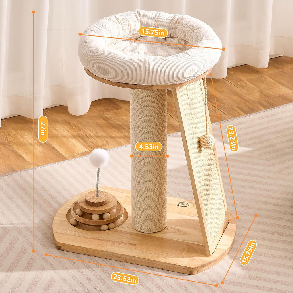 Solid Wood Cat Tree Tower, Cat Scratching Post with Bed, 27" Small Cat Tree, Compact Cat Tower with Scratching Pad and Removable Cat Bed, Modern Cat Tower for Indoor Cats Large Adult.