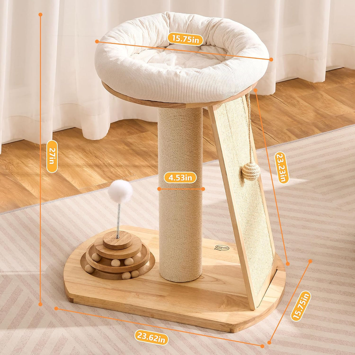 Solid Wood Cat Tree Tower, Cat Scratching Post with Bed, 27" Small Cat Tree, Compact Cat Tower with Scratching Pad and Removable Cat Bed, Modern Cat Tower for Indoor Cats Large Adult.