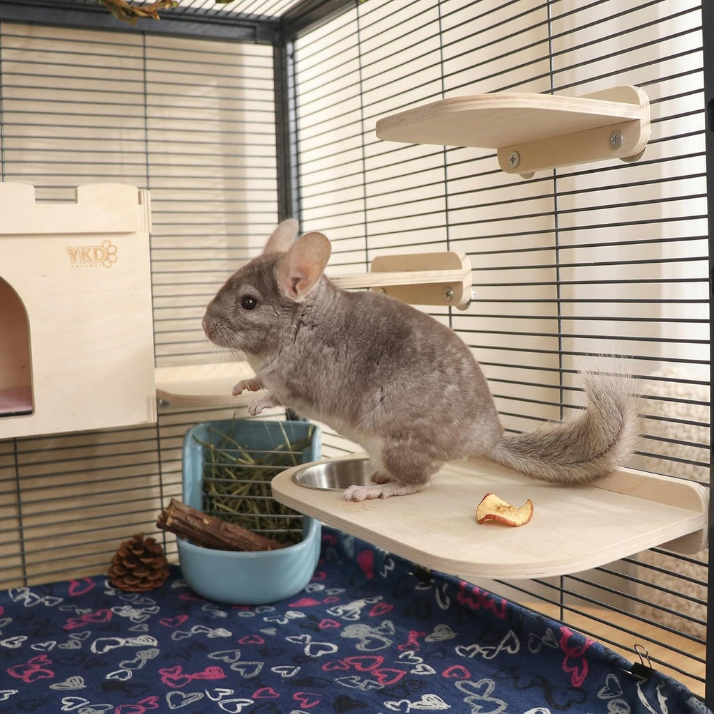 YKD Natural Wood Chinchilla Platform Set with Feeding Bowl