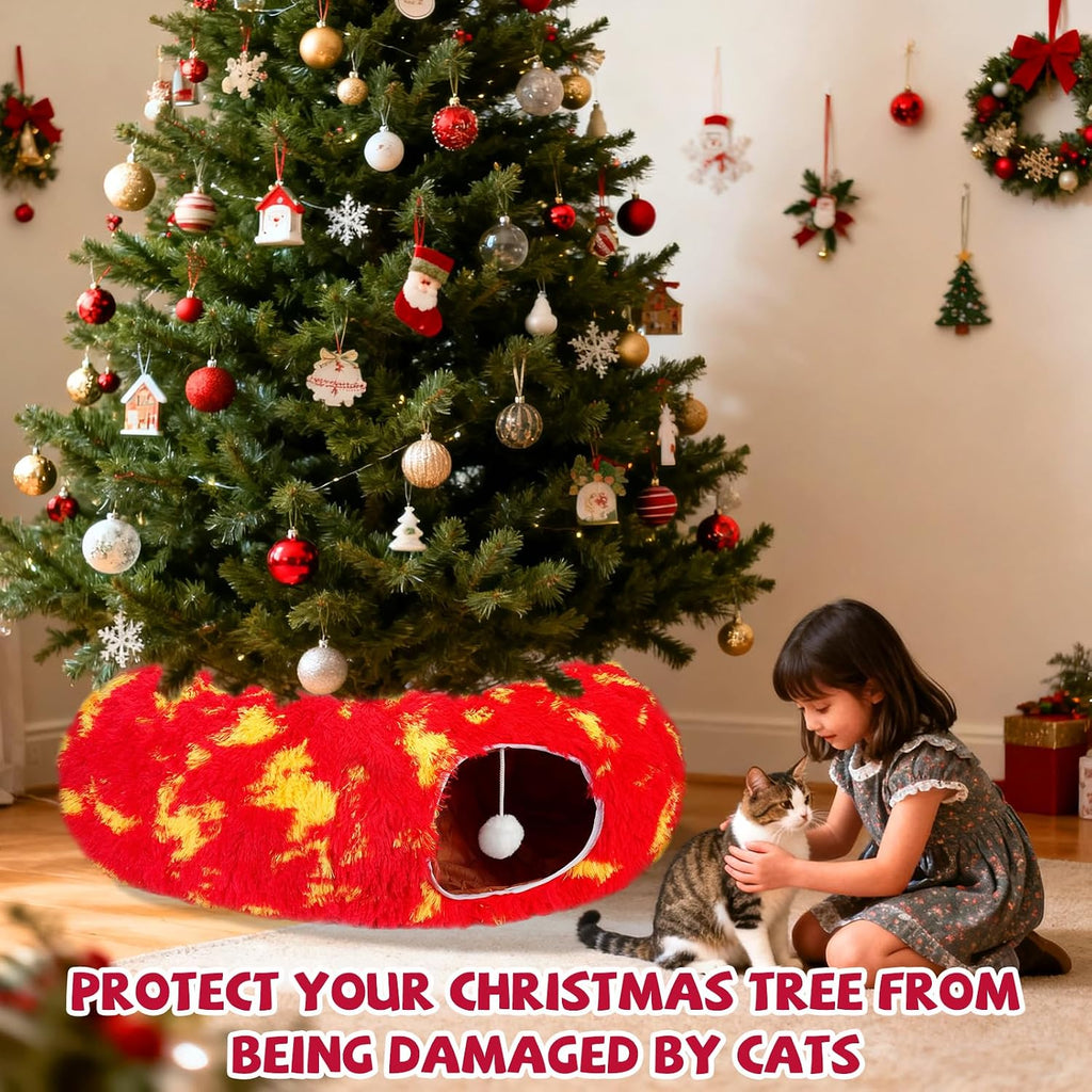 TIMIEEYA Cat Tunnel Christmas Tree Skirt - Christmas Cat Toy Circle Tunnel with Toy Ball, Soft Plush Multifunctional Decorative Cats Tunnels Bed for Indoor Cats(Red)