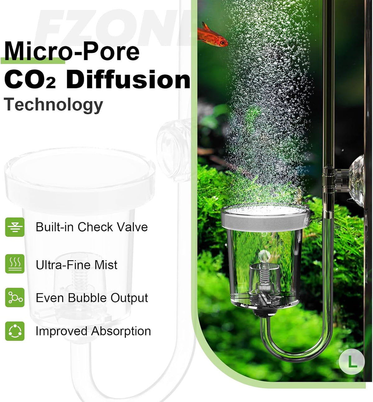 FZONE Acrylic Aquarium CO₂ Diffuser Built-in Check Valve(S-19mm)