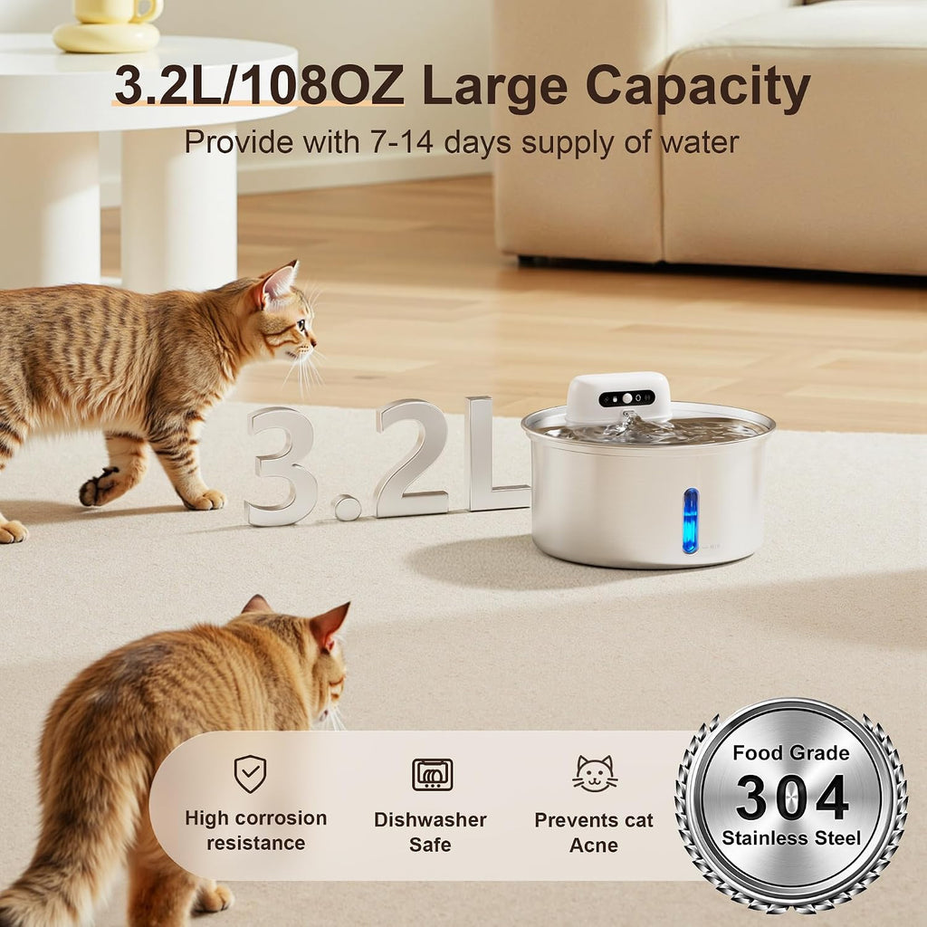 Casfuy W12 Upgraded Wireless Smart Stainless Steel Dog & Cat Water Fountain, 108-oz