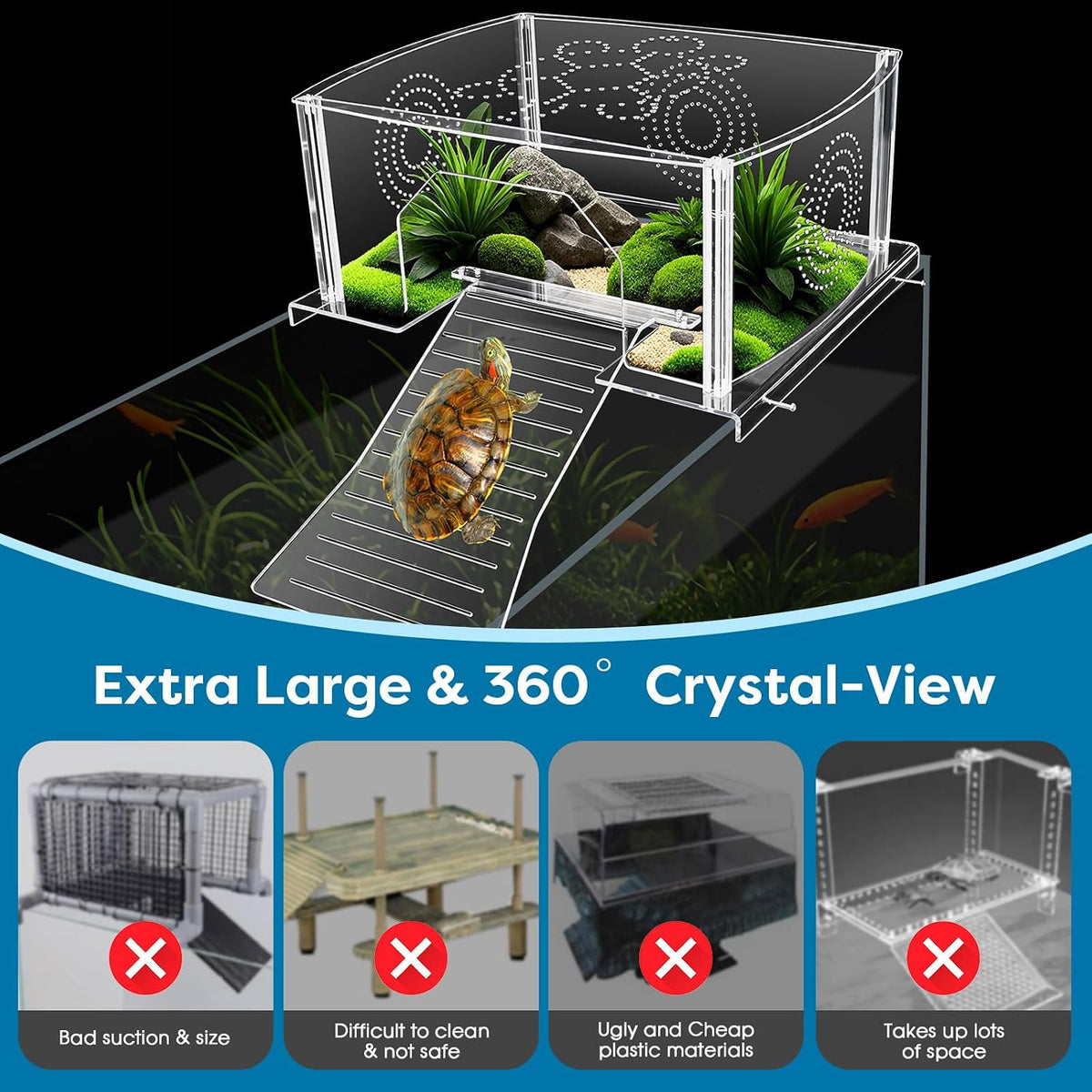 Extra Large Turtle Topper Basking Platform for Aquatic Turtles 40B/75G, Above Tank Turtles Sunbathing Dock Anti-slip Ramp Aquatic Reptile Climbing Pier Resting Terrace with Feeding Area Accessories