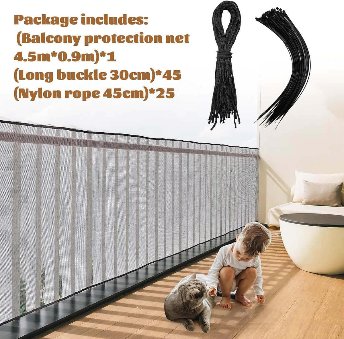 Hosuly Banister Guard Balcony Netting, 15 x 3 ft, Black, 1 Set