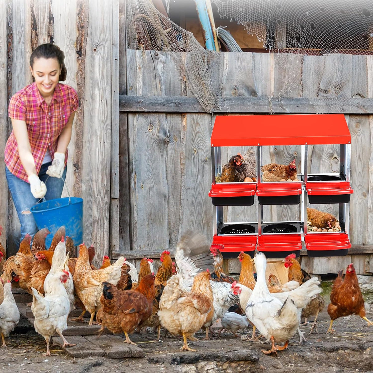 GarveeLife Nesting Boxes for Chickens, 6 Holes Chicken Nesting Boxes, Chicken Laying Box with Lid Cover, for Outdoor Chicken Coop Farm Yard, Red