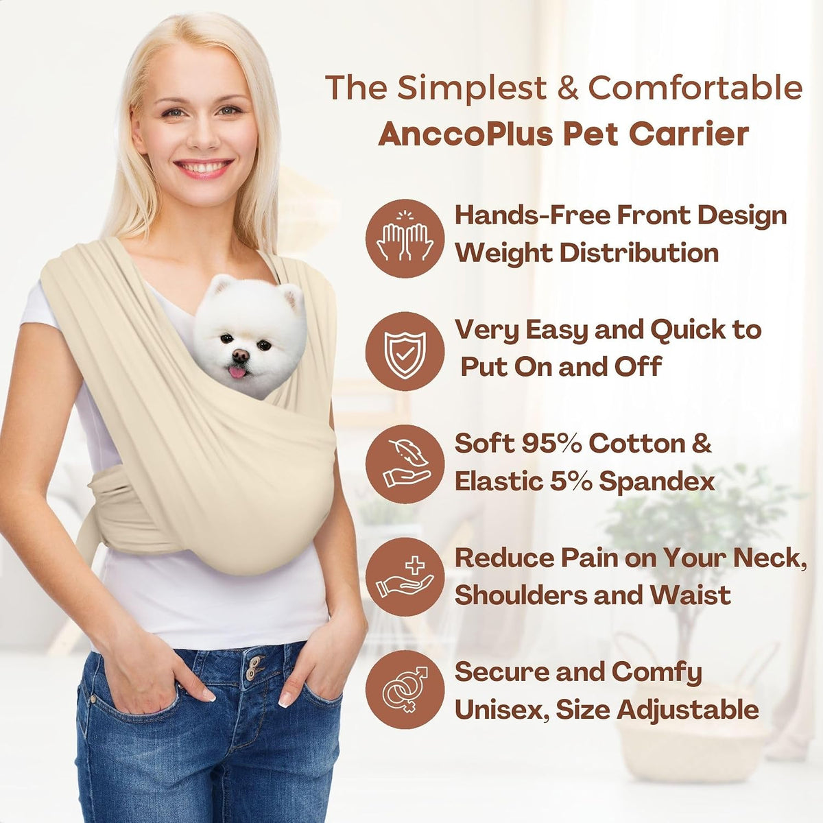 AnccoPlus Small Dog Sling Carrier, Hands-Free, Beige, Regular