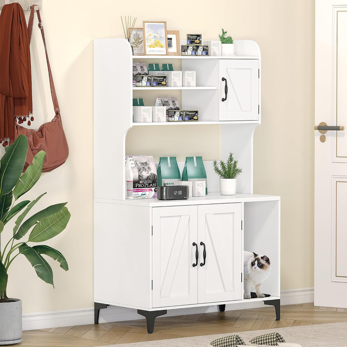 Tall Hidden Cat Litter Box Enclosure Cabinet - 4-Tier Storage Shelves, 2-Door Wood Cat Washroom Furniture, Indoor Cat House - White, with Cat Litter Mat