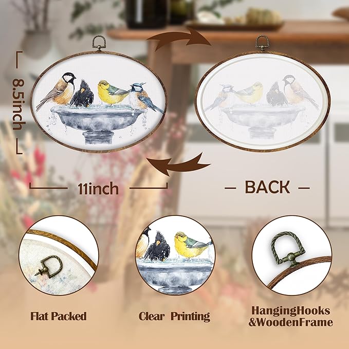 DILSJ Bird Oval Wall Art Decor, Country Bird Bath Canvas Wall Art Framed - Image 7