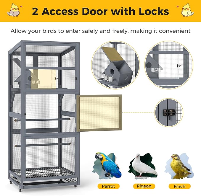 Coziwow 68" H Large Wood Bird Cage on Wheels, Outdoor Bird Aviary Indoor Wooden - Image 6