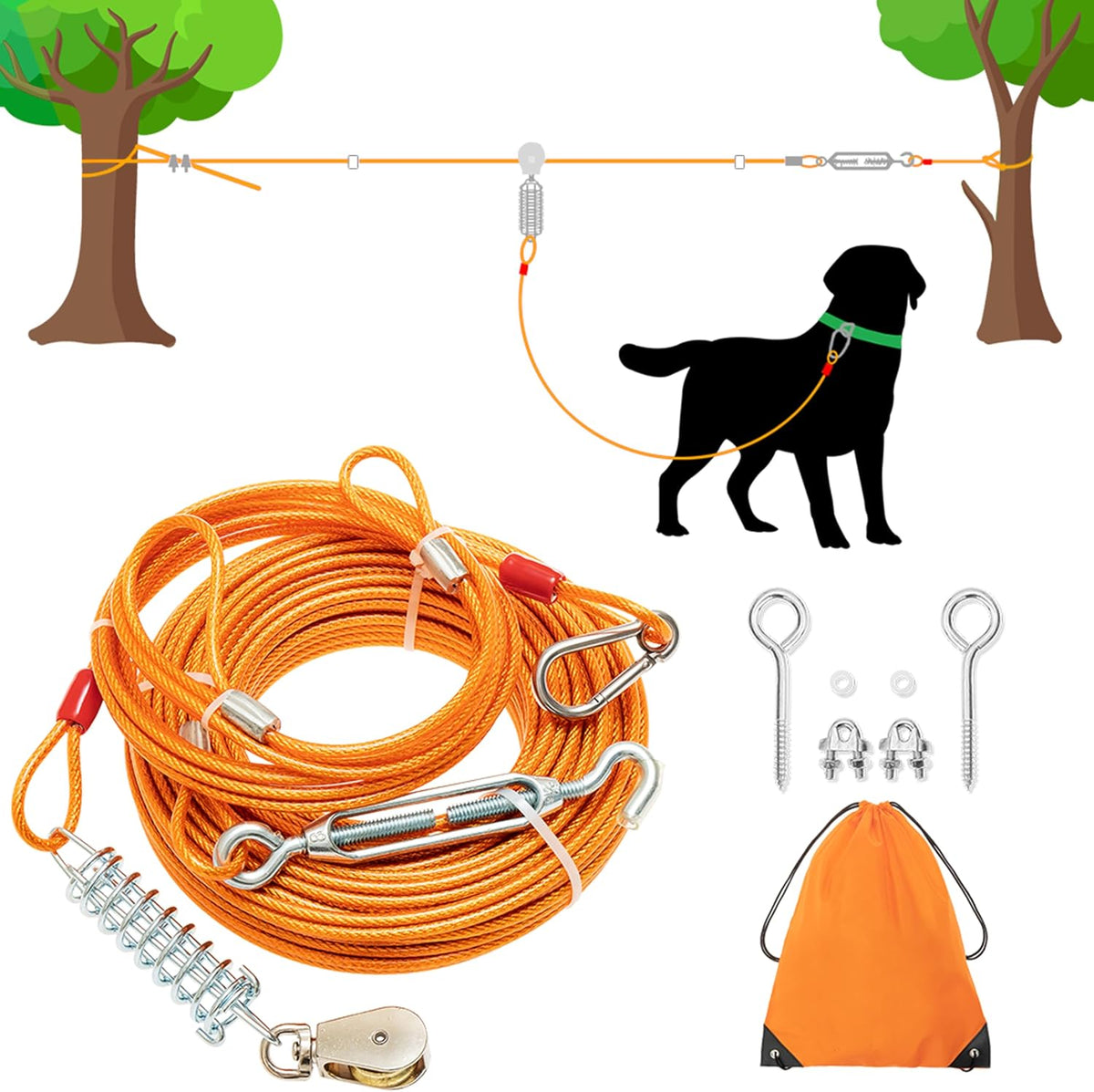 100ft Dog Runner Cable & 10ft Chew Proof Lead with Buffer for Yard