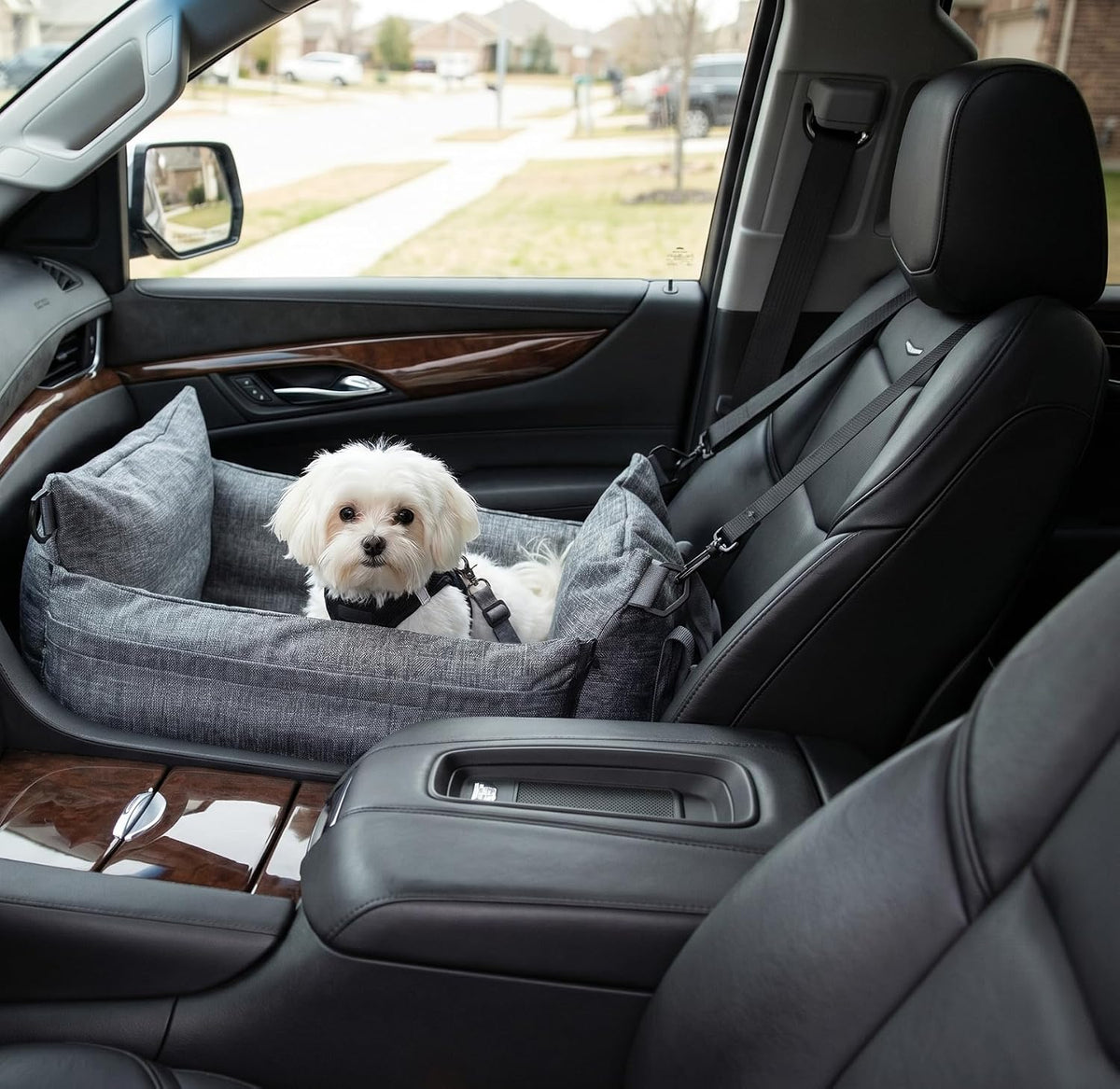Waterproof Dog Car Seat for Small Dogs, Inflatable Pet Booster Seat with Dual Safety Straps, Portable Dog Travel Bed with Storage Pockets, Washable Cover & Cushion, Grey