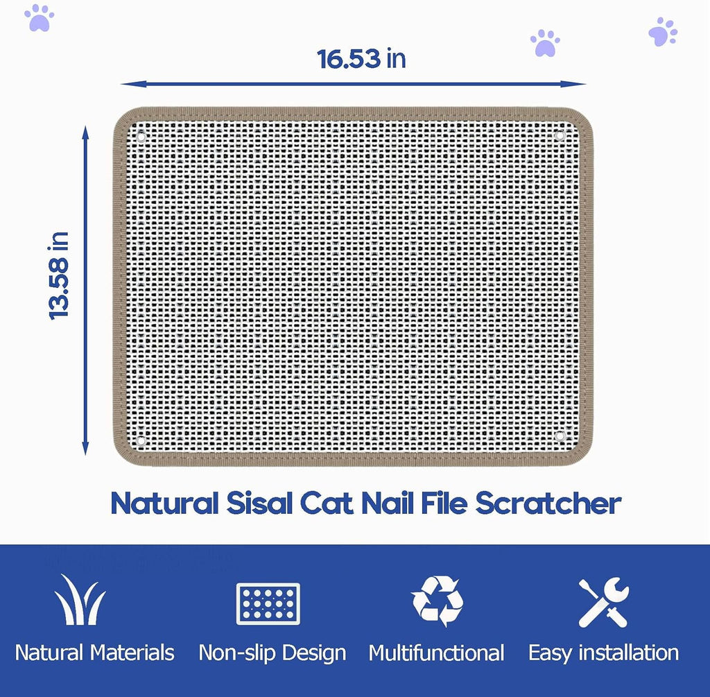 Cat Nail File Scratcher - Natural Sisal Scratch Mat with 80-Grit Aluminum Oxide, Adhesive Sheets & Expansion Screws for Secure Wall/Floor Mounting, Ideal for Trimming Cat Claws (16.53"x13.38")