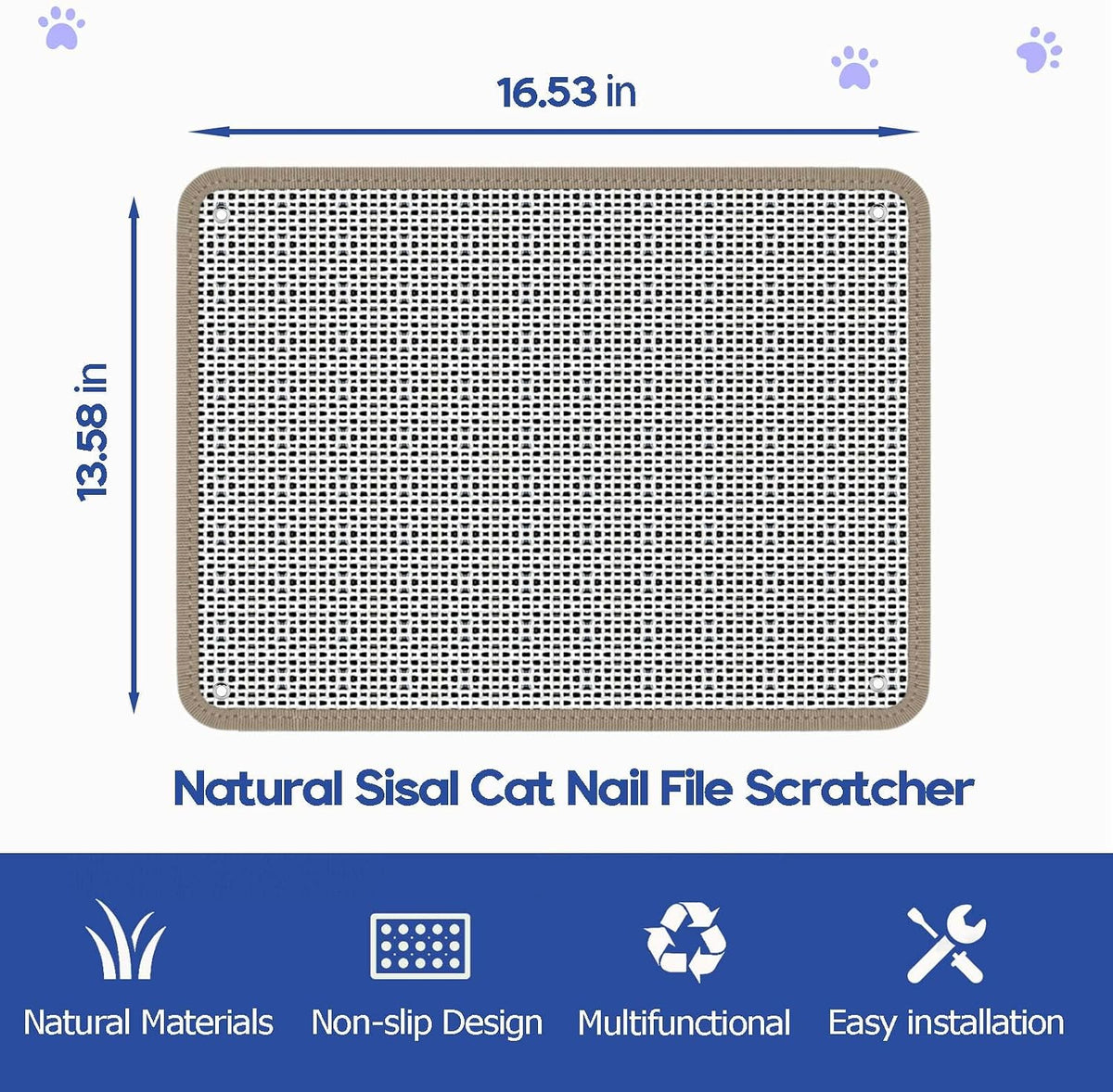 Cat Nail File Scratcher - Natural Sisal Scratch Mat with 80-Grit Aluminum Oxide, Adhesive Sheets & Expansion Screws for Secure Wall/Floor Mounting, Ideal for Trimming Cat Claws (16.53"x13.38")