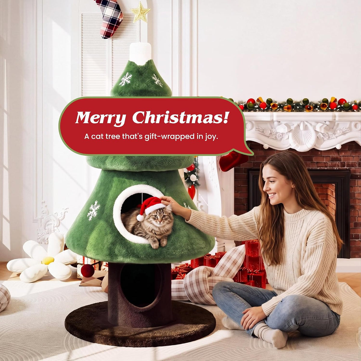 SHA CERLIN 56" Christmas Cat Tree Tower, Multi-Level Condo for Indoor Cats