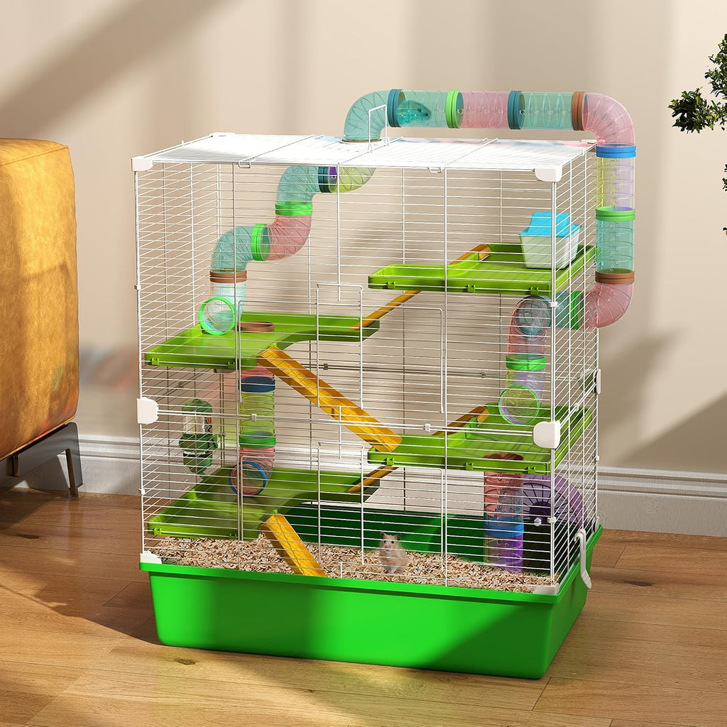 PawHut Extra Large 23" Hamster Cage with Tubes and Tunnels, Portable Carry Handles, Rat House and Habitats Big 5-Tier Design, Mouse Cage Includes Exercise Wheel, Water Bottle, Food Dish, Green