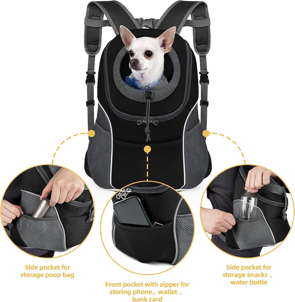 WOYYHO Pet Dog Carrier Backpack Small Dog Front Backpack Ventilated Dog Carrier Back Pack with Storage Pockets, Adjustable Straps & Safety Belt for Travel Hiking Outdoor (Size S: 2-4.5 lbs, Black)