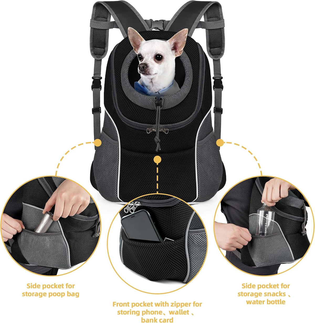 WOYYHO Pet Dog Carrier Backpack Small Dog Front Backpack Ventilated Dog Carrier Back Pack with Storage Pockets, Adjustable Straps & Safety Belt for Travel Hiking Outdoor (Size S: 2-4.5 lbs, Black)