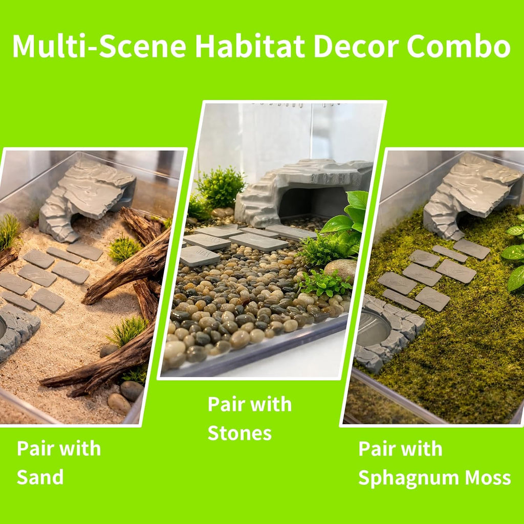 Frog Hideout, Toad Cave，with Water Bowl, Stepping Stones and Feeding Tweezers, for Horned Frogs, Turtles and Other Small Animals, Terrarium and Aquarium Decor.