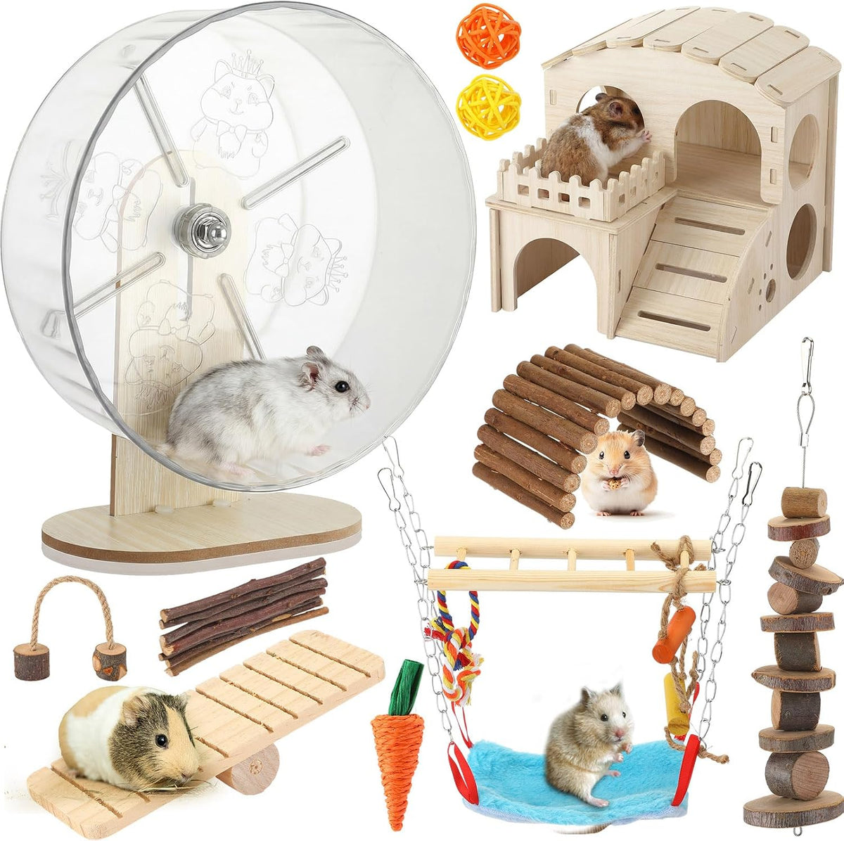 11 Pcs Hamster Cage Accessories Set, Bridge, Exercise Wheel, Swing, Chew Toys & More, Natural Wood Hamster Play Set for Dwarf Hamsters, Mice Small Animals Habitat (Maze Tunnel)