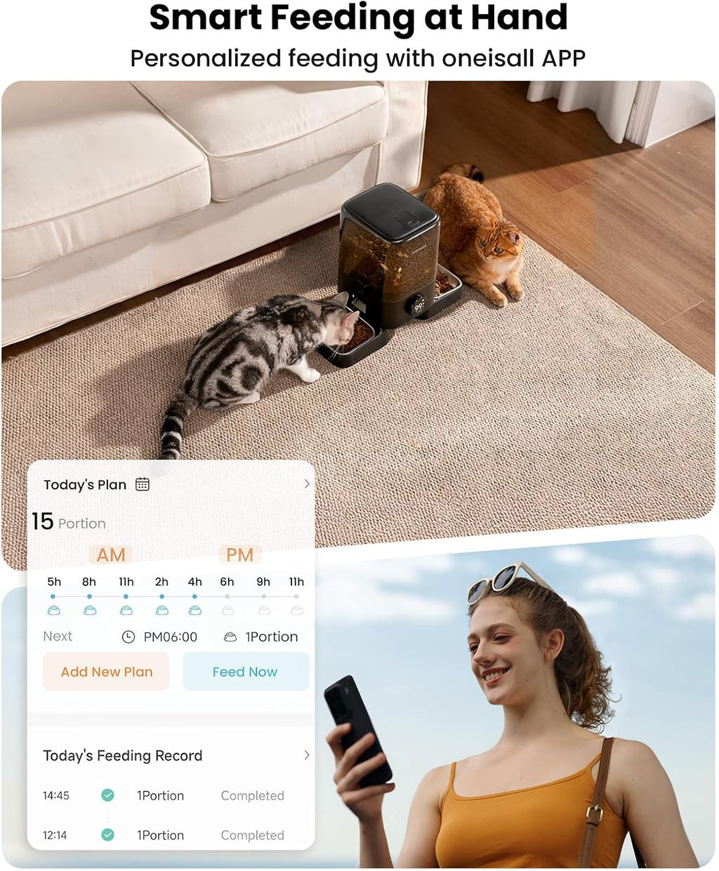 oneisall 2.4G Cordless Automatic Cat Feeder, Rechargeable, 20 Cups/5L