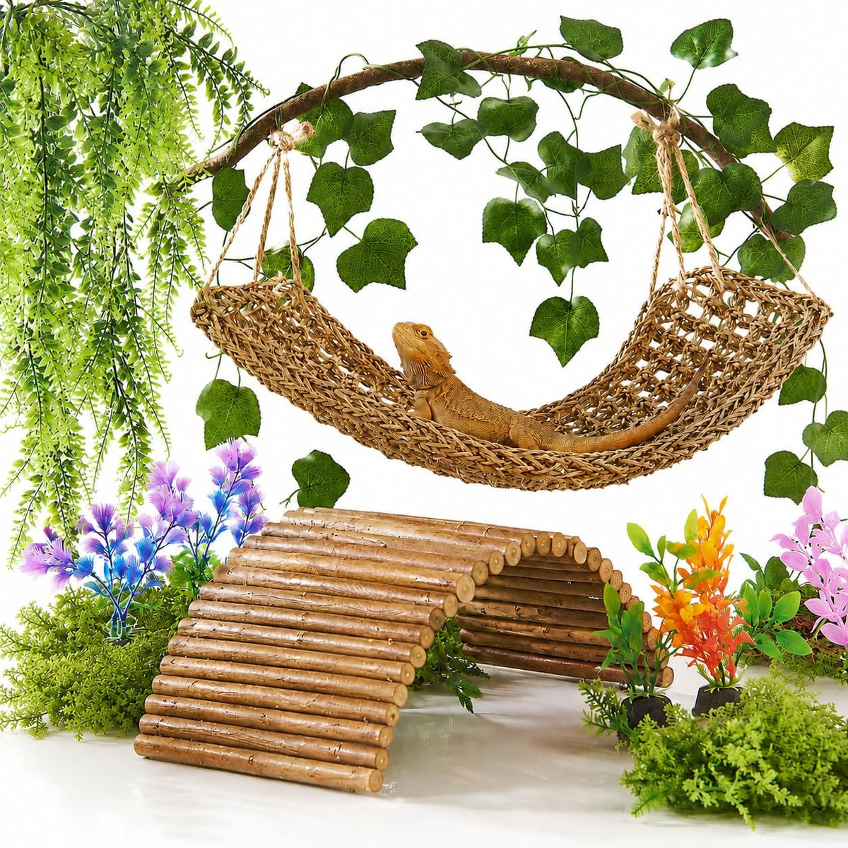Bearded Dragon Tank Accessories, Reptile Mat Hammock Plants Bridge Jungle Climber Vines for Leopard Gecko Hermit Crab Lizard Snak (Bearded Dragon Tank Accessories (9 Piece))