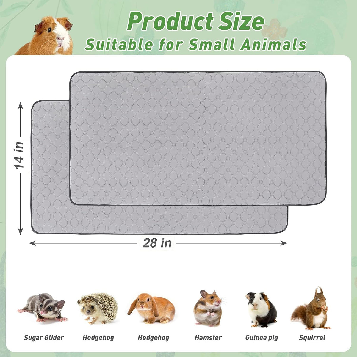 2 Pack Guinea Pig Cage Liners, 14'' X 28'' Washable Guinea Pig Pee Pads, Non Slip Reusable Super Absorbent Guinea Pig Training Mat Bedding Fleece for Small Animals Hamster Rabbit Chinchilla Rat