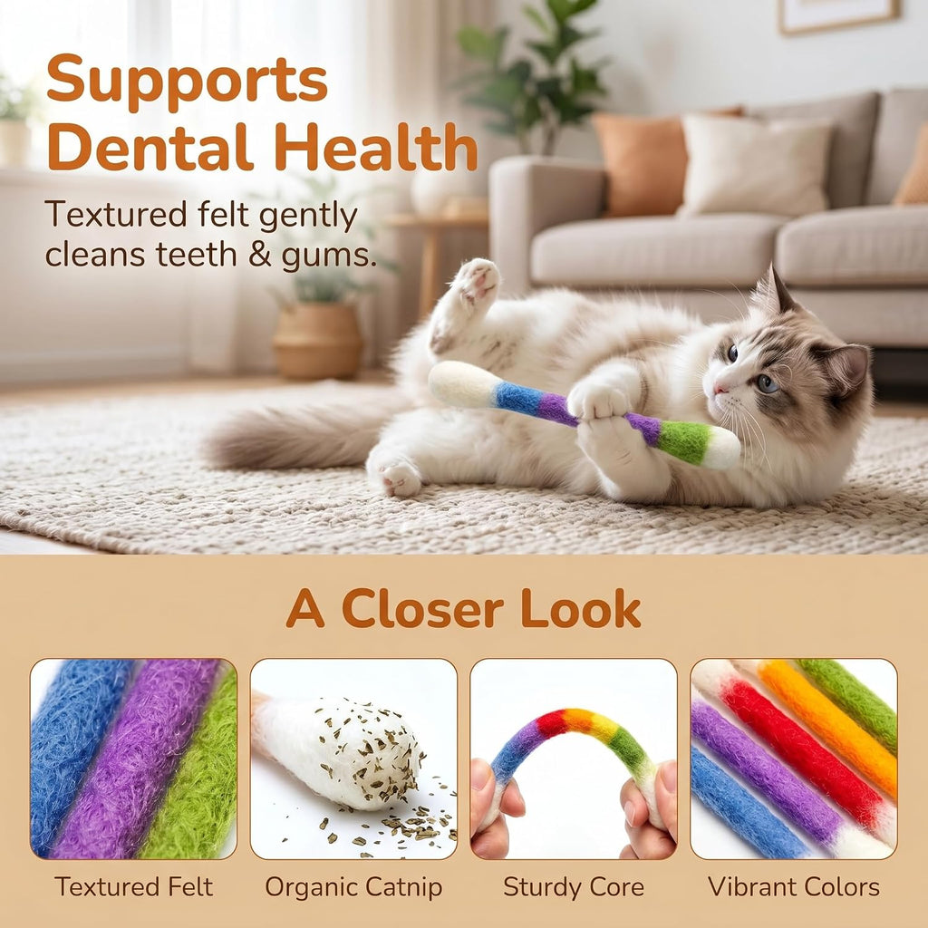 Catnip Cat Toys for Indoor Cats, 6 Jumbo Cotton Swab Kicker Sticks with 3 Natural Wool Balls, Quiet Chew Toy for Kittens