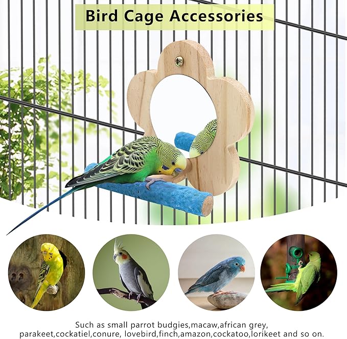 Small Bird Mirror Parrot Swing, Wooden Parakeet Perches Flower Interactive Play - Image 5