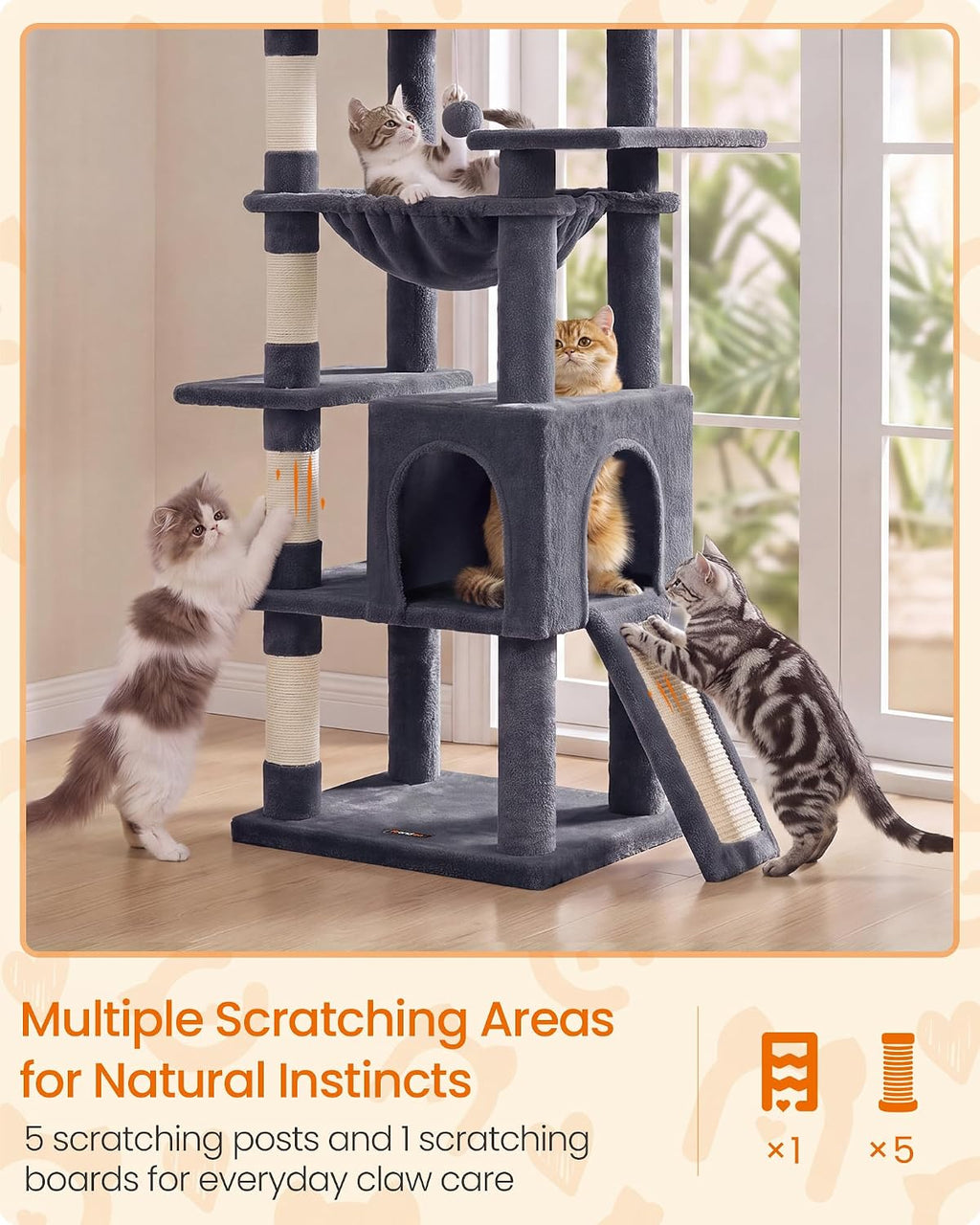Feandrea Cat Tree, 70.3" Heavy Duty Cat Tower Condo for Indoors, Dark Gray